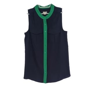 J Crew Sleeveless Button Blouse Size 4 Navy Blue & Green